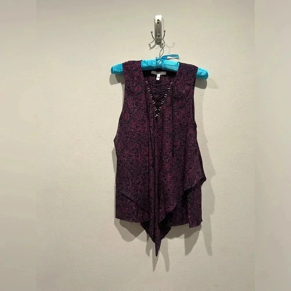 DEREK LAM 10 CROSBY Laced Printed Silk Handkerchief Tank, Midnight / Size 8 / - Picture 3 of 9